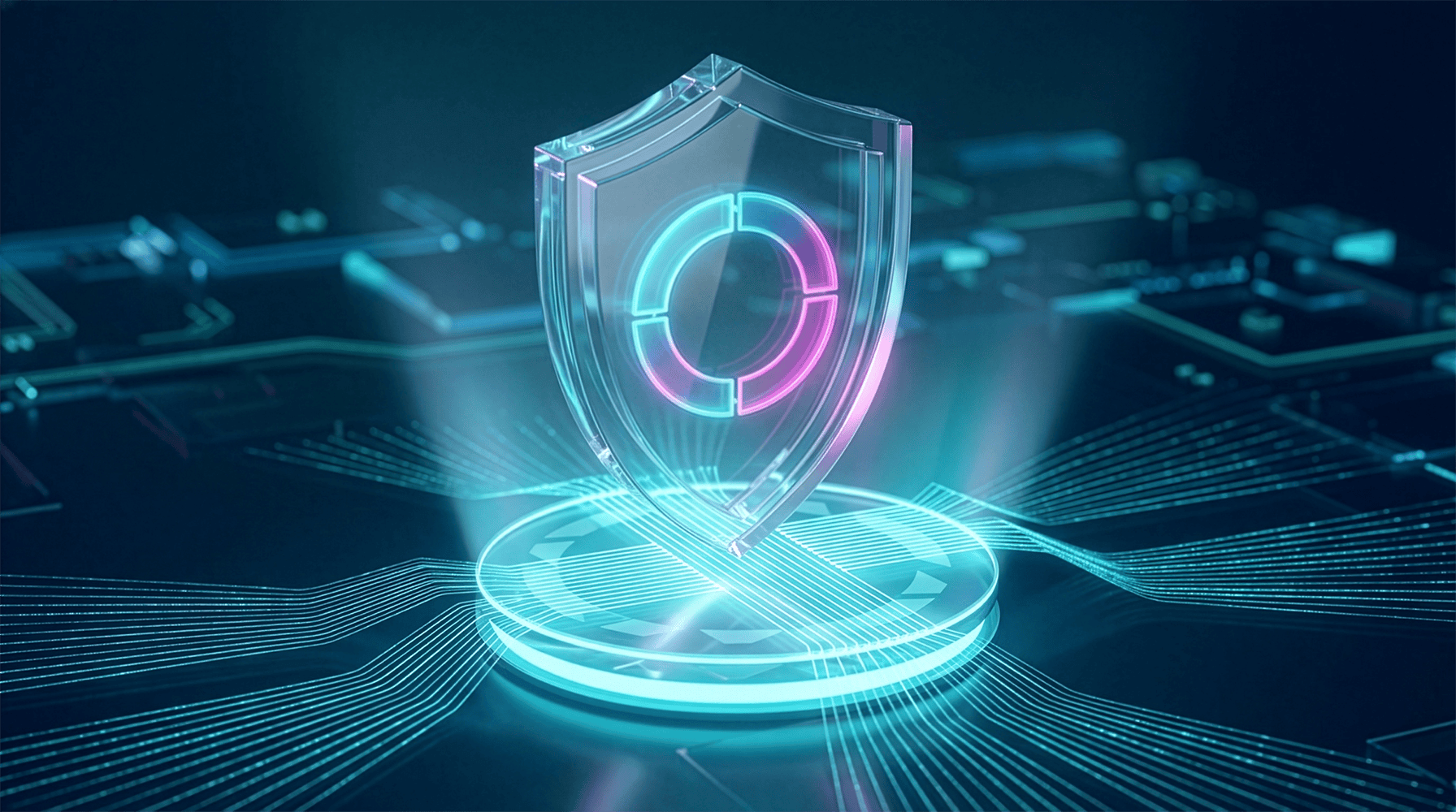 Ein schimmerndes, digitales Schild auf einer kreisf&ouml;rmigen Basis, umgeben von leuchtenden Datenlinien auf einem technologischen Hintergrund.