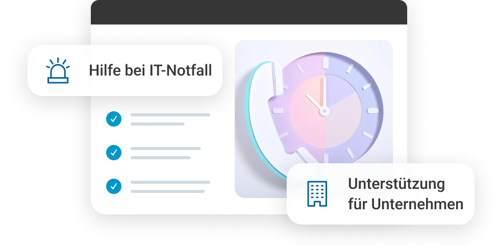 Grafik zeigt einen Uhrzeitindikator mit Texten zu IT-Notfallhilfe und Unternehmensunterst&uuml;tzung.