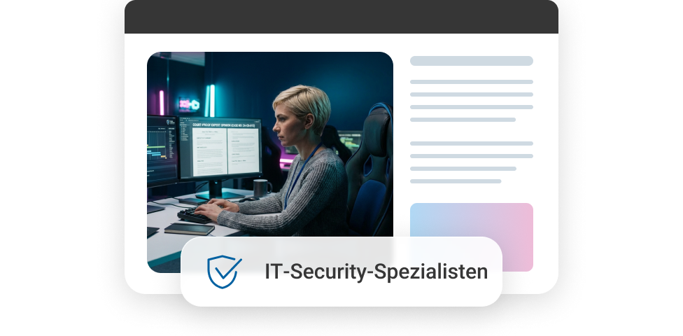 Frau am Computer in einem modernen B&uuml;ro, arbeitet an IT-Sicherheitsl&ouml;sungen, umgeben von Bildschirmen.