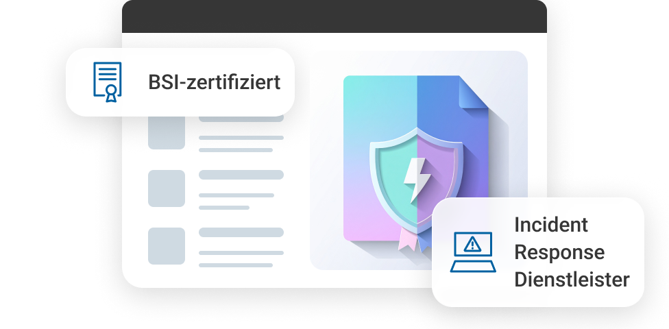 Grafik mit einem gesch&uuml;tzten Dokument und Symbolen f&uuml;r BSI-Zertifizierung und Incident Response Dienstleister.