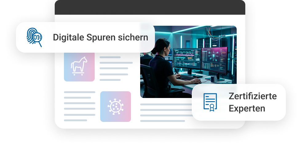 Ein Mann arbeitet an einem Computer mit digitalen Sicherheitsdaten und Grafiken in einem modernen B&uuml;ro.