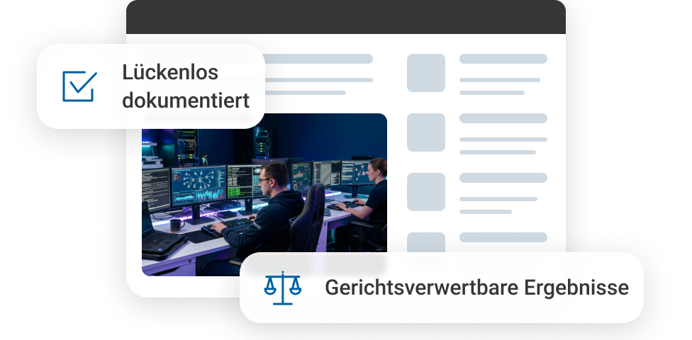 Person am Computer, umgeben von Bildschirmen, die gerichtsfeste Ergebnisse und Dokumentation anzeigen.