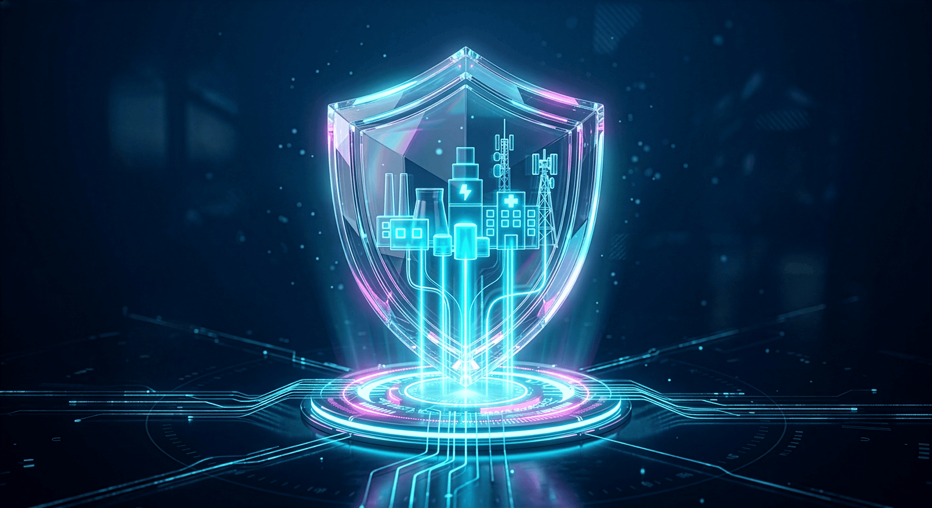 Ein futuristisches, holografisches Schild sch&uuml;tzt eine digitale Stadt mit Fabriken und Kommunikationsanlagen.
