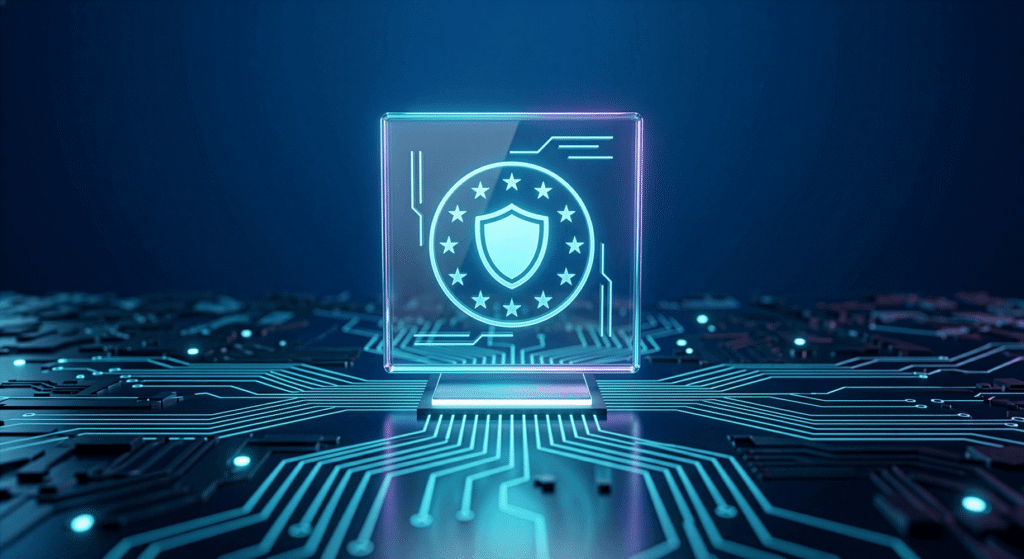 Ein leuchtendes Symbol f&uuml;r Datenschutz und Sicherheit in einem digitalen Netzwerk aus Leiterbahnen.