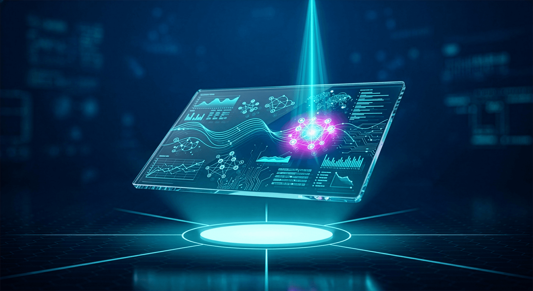 Ein schwebendes, holographisches Display mit Diagrammen und Datenanalysen in einer futuristischen Umgebung.