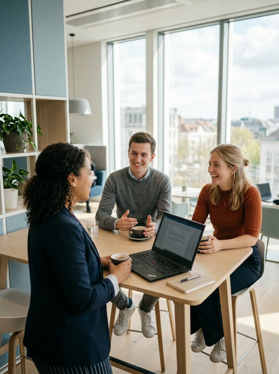 Eine Gesch&auml;ftssitzung in einem modernen B&uuml;ro mit drei Personen am Tisch, die angeregt diskutieren.