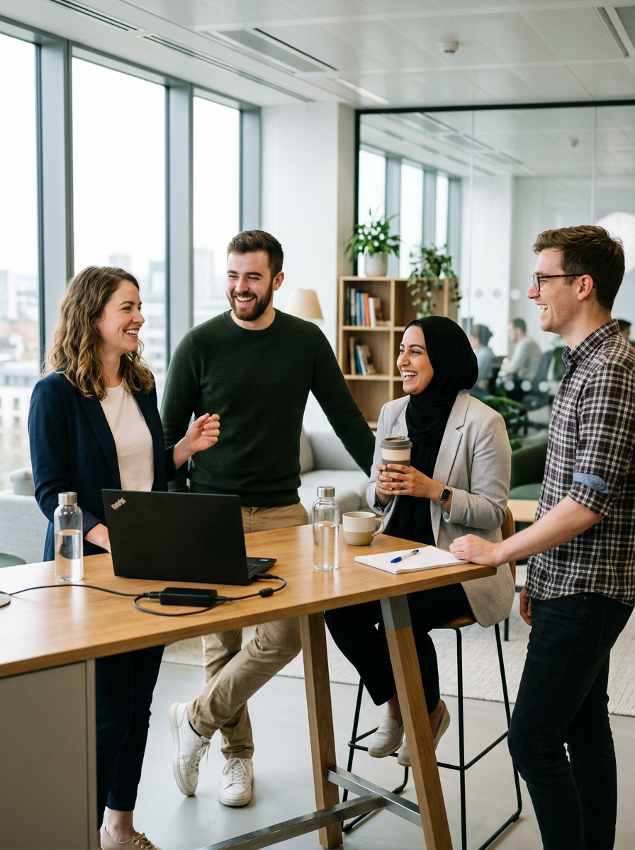 Vier Personen in einem modernen B&uuml;ro, die an einem Tisch stehen und sich freundlich unterhalten.