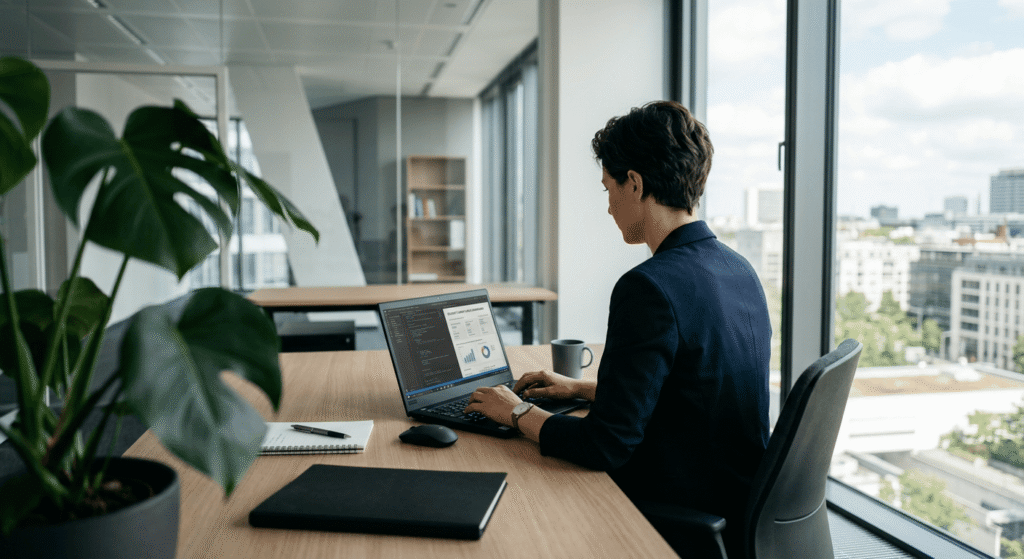 Eine Person sitzt an einem Schreibtisch in einem modernen B&uuml;ro und arbeitet am Laptop. Pflanzen im Vordergrund.