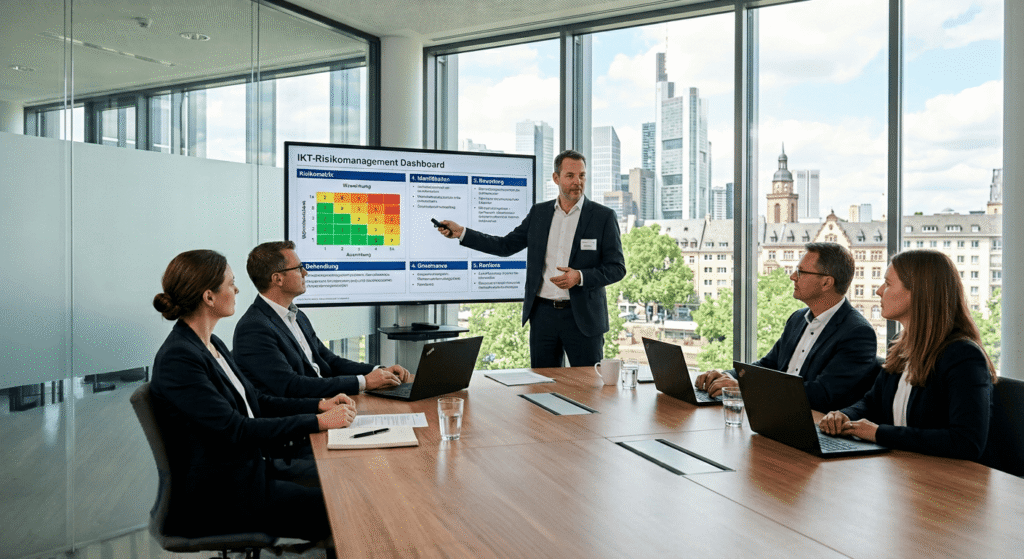 Ein Gesch&auml;ftstreffen in einem modernen B&uuml;ro mit einem Pr&auml;sentierenden vor einem Dashboard, Teilnehmer mit Laptops.