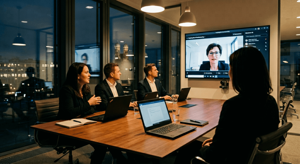 Besprechung in einem modernen Konferenzraum mit vier Personen, die an einem Tisch sitzen und an einem Videoanruf teilnehmen.