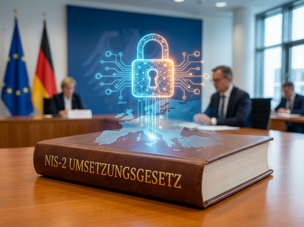 Ein Buch mit dem Titel "NIS-2 Umsetzungsgesetz" und einem digitalen Schloss &uuml;ber einer Karte Europas im Hintergrund.