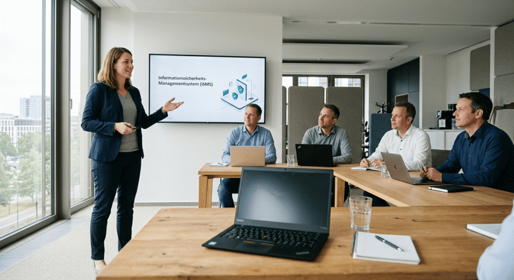 Eine Frau pr&auml;sentiert vor einer Gruppe von f&uuml;nf Personen in einem modernen Konferenzraum mit Laptop und Bildschirm.