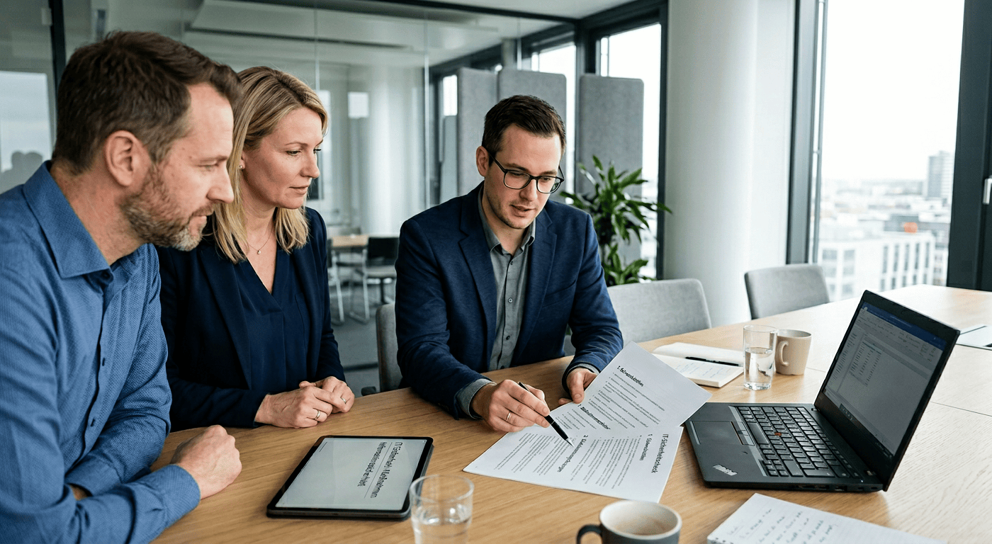 Drei Personen in einem modernen B&uuml;ro diskutieren &uuml;ber Dokumente und arbeiten zusammen an einem Laptop.