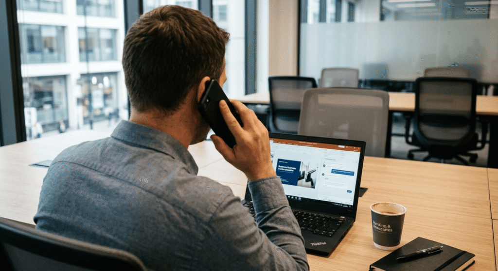 Ein Mann spricht am Telefon, w&auml;hrend er an einem Laptop arbeitet. Eine Kaffeetasse steht auf dem Tisch.