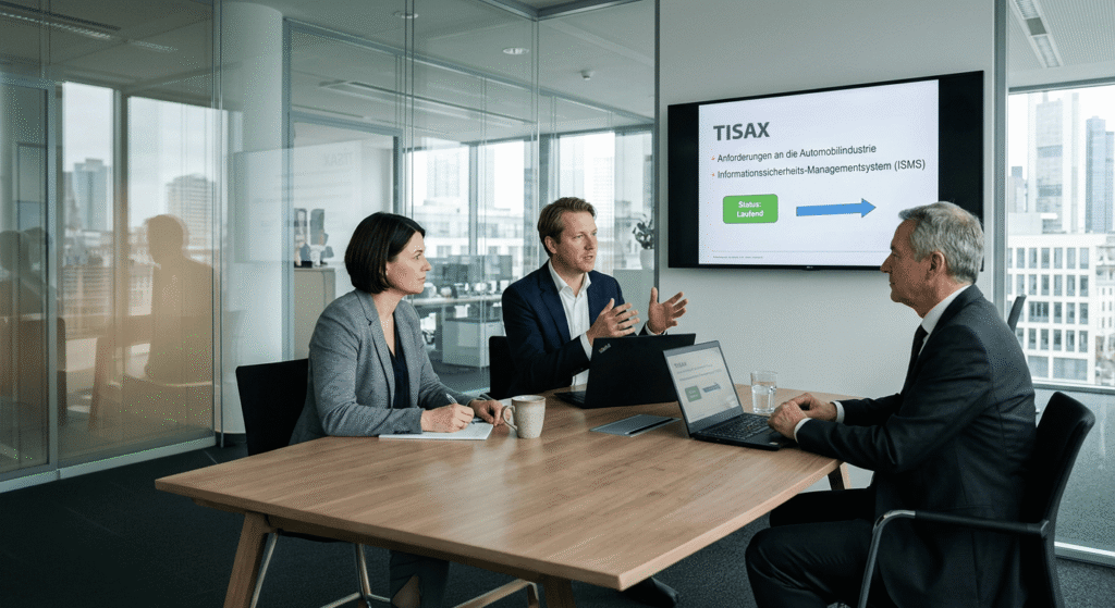 Drei Personen in einem modernen Konferenzraum diskutieren &uuml;ber TISAX-Anforderungen, mit Laptop und Pr&auml;sentation im Hintergrund.