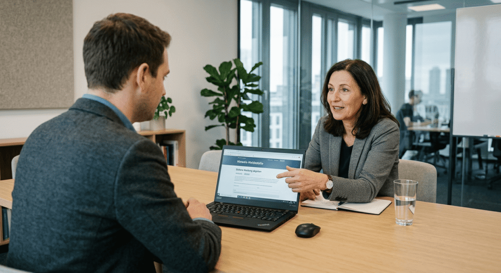 Zwei Personen in einem modernen B&uuml;ro f&uuml;hren ein Gespr&auml;ch, w&auml;hrend ein Laptop mit einer Pr&auml;sentation ge&ouml;ffnet ist.