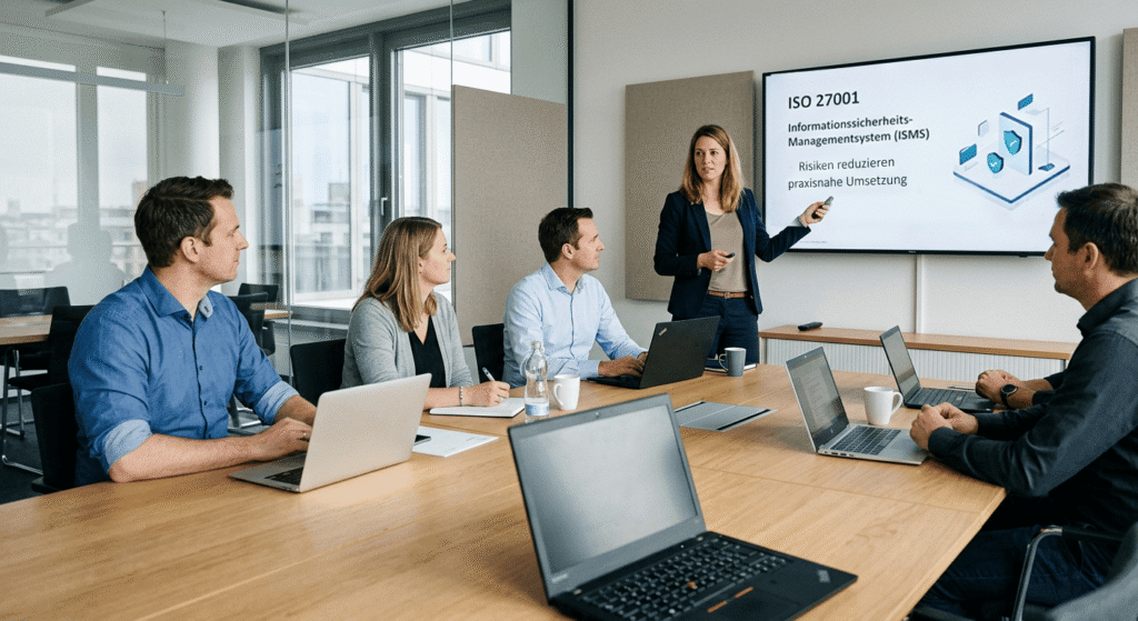 Ein Meeting in einem modernen B&uuml;ro, bei dem eine Frau eine Pr&auml;sentation &uuml;ber ISO 27001 h&auml;lt, w&auml;hrend die anderen Teilnehmer zuh&ouml;ren.