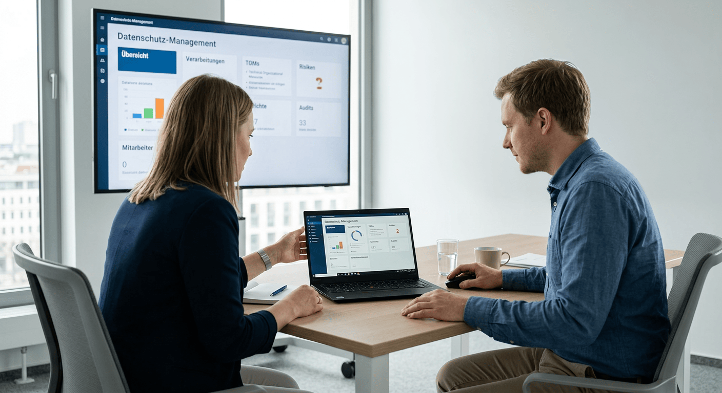 Zwei Personen sitzen an einem Tisch und arbeiten gemeinsam an einem Laptop, im Hintergrund ein Bildschirm mit Datenanalysen.