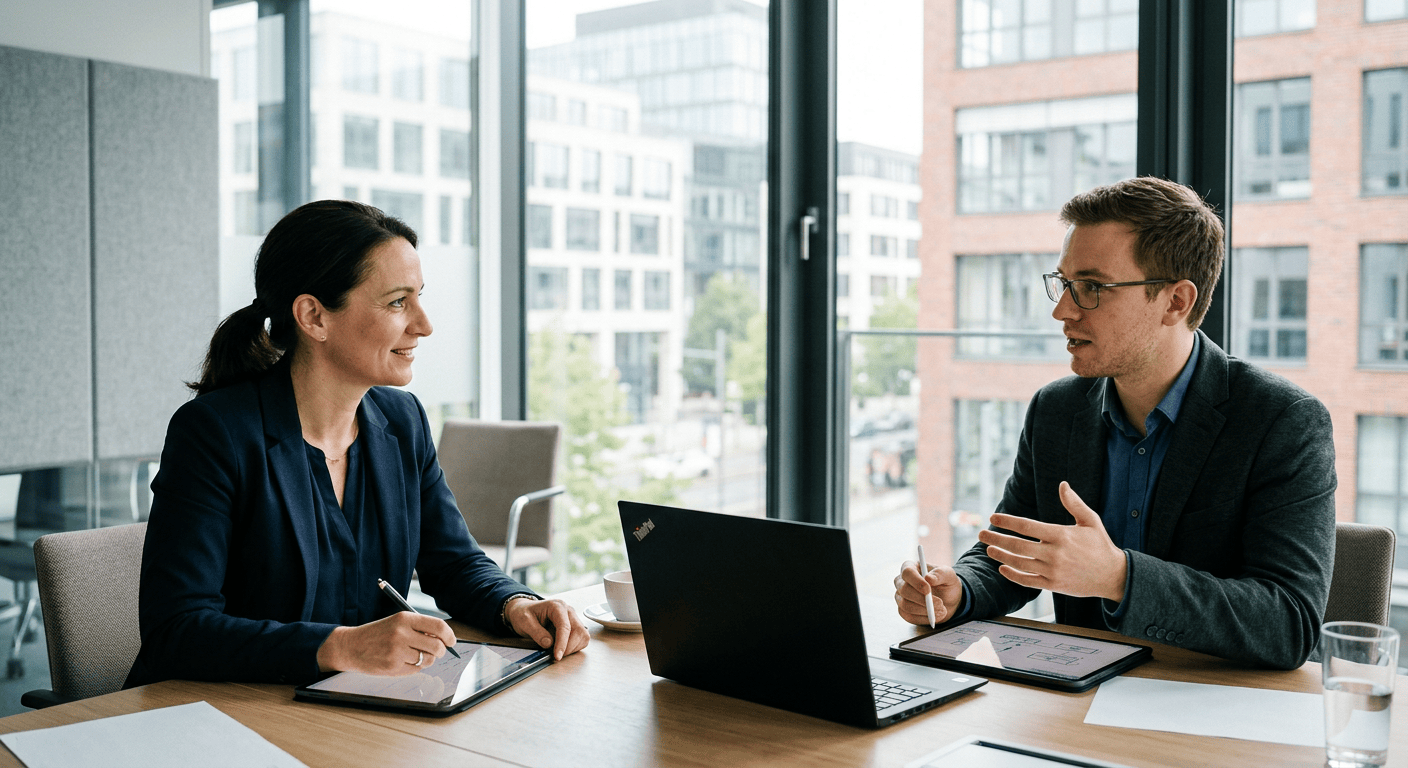 Zwei Personen in einem modernen B&uuml;ro diskutieren an einem Tisch, Laptops und Tablets sind sichtbar.