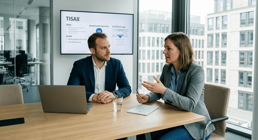 Zwei Personen in einem modernen B&uuml;ro diskutieren &uuml;ber TISAX, w&auml;hrend ein Bildschirm Pr&auml;sentationsinhalte zeigt.