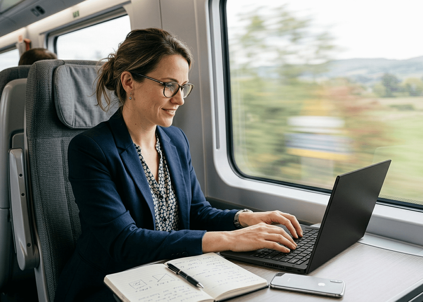 Frau mit Brille arbeitet am Laptop in einem Zug, Notizbuch und Smartphone auf dem Tisch, Landschaft drau&szlig;en sichtbar.