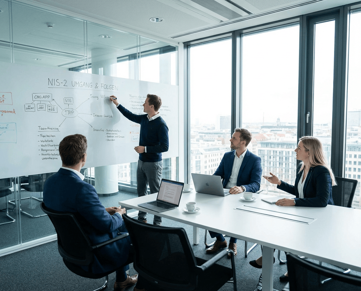 Ein Meeting in einem modernen B&uuml;ro mit Pr&auml;sentation an einer Tafel, Teilnehmer diskutieren und machen Notizen.