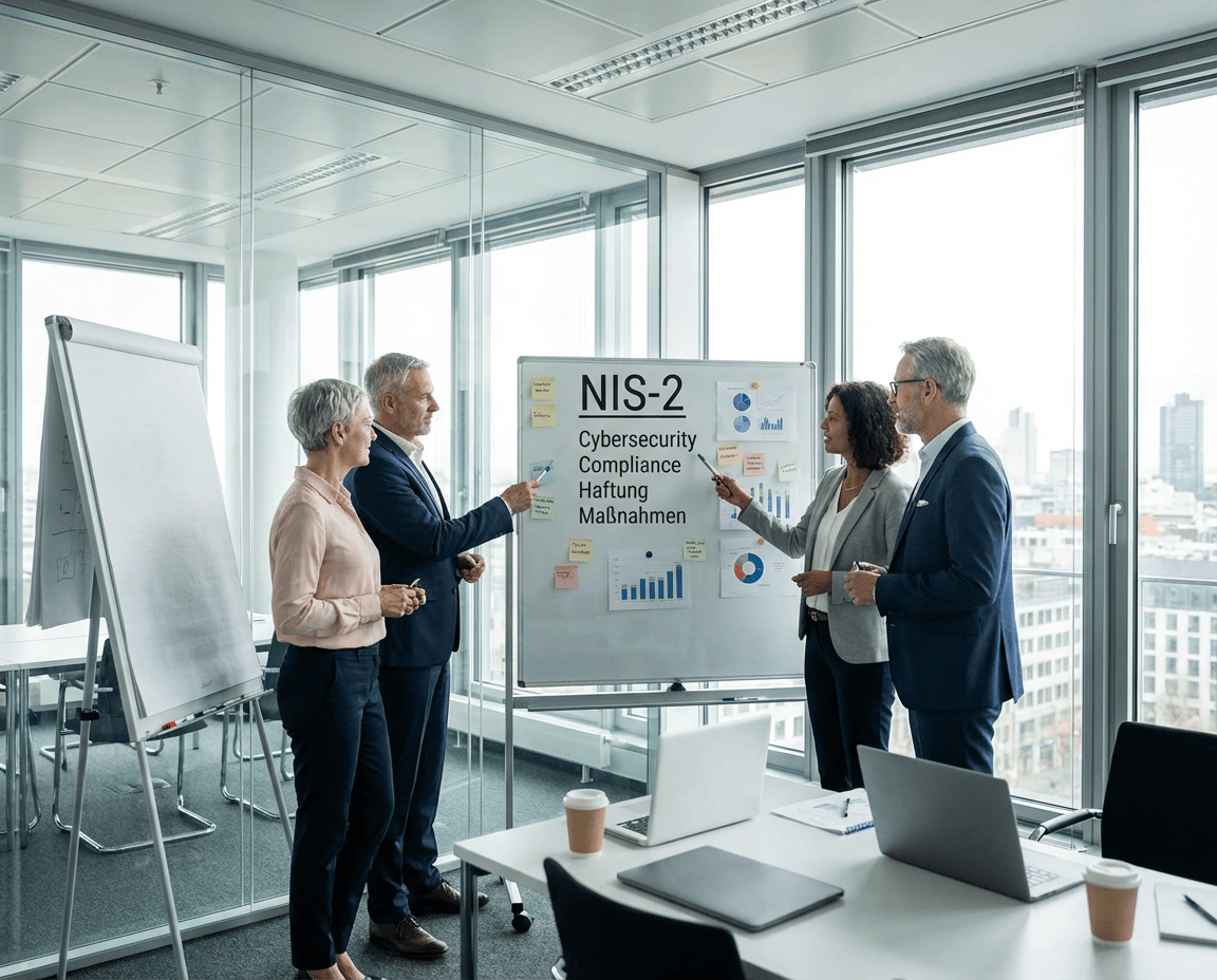 Eine Gruppe von Fachleuten pr&auml;sentiert in einem modernen B&uuml;ro ein Whiteboard mit dem Thema &bdquo;NIS-2 Cybersecurity&ldquo;.