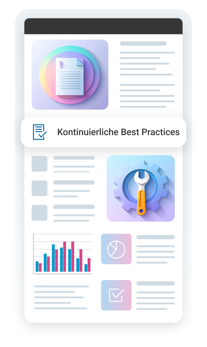 Grafik mit einem Dokument und Text, begleitet von einem Hinweis auf kontinuierliche Best Practices.