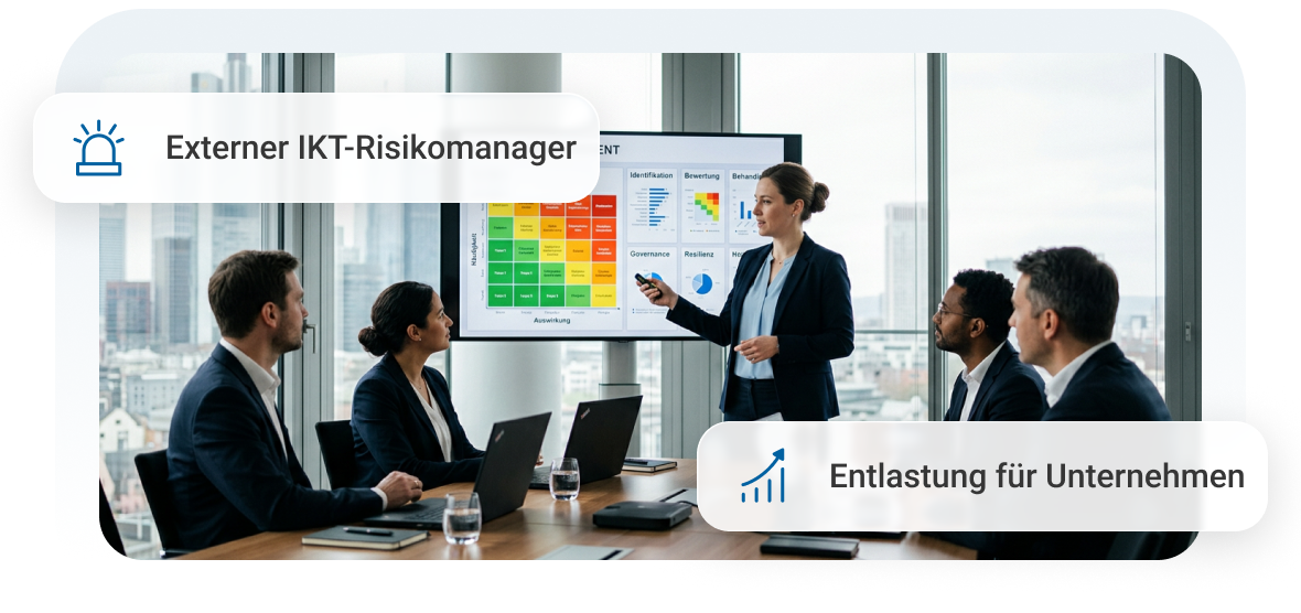 Eine Präsentation in einem Konferenzraum mit einem IKT-Risikomanager, der Daten vor einem Publikum erklärt.