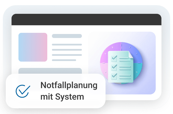 Grafik zur Notfallplanung mit einem System, dargestellt durch Dokumente und Checklisten auf einem farbigen Hintergrund.