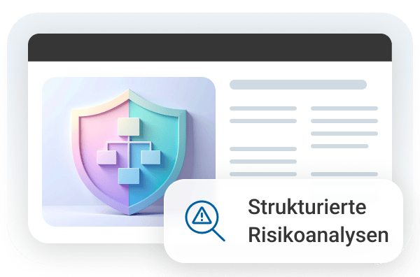 Grafik mit einem Schutzschild und Diagrammelementen, begleitet von dem Text "Strukturierte Risikoanalysen".