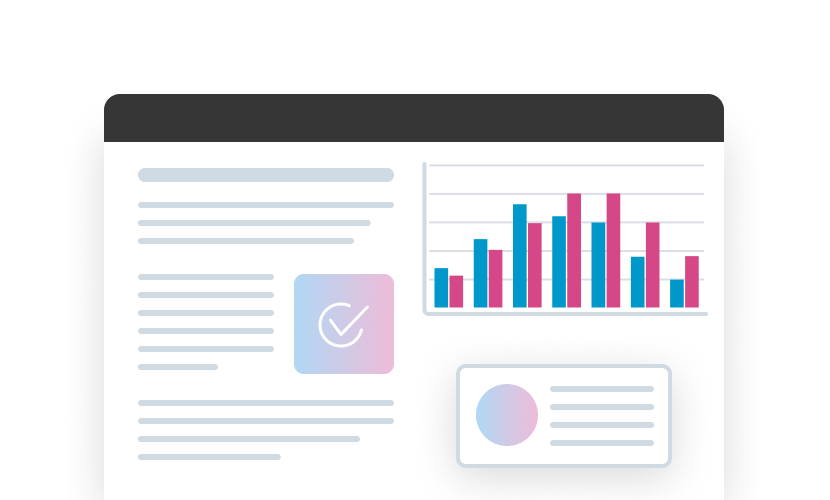Grafische Darstellung von Daten mit Diagrammen, Text und einem Informationsfeld auf einer digitalen Oberfl&auml;che.