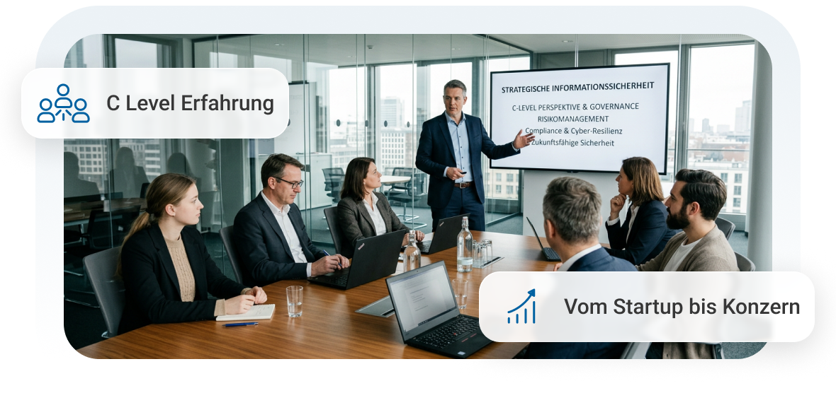 Ein Geschäftsmeeting mit einem Präsentierenden vor einem Bildschirm, umgeben von weiteren Teilnehmern in einem modernen Konferenzraum.