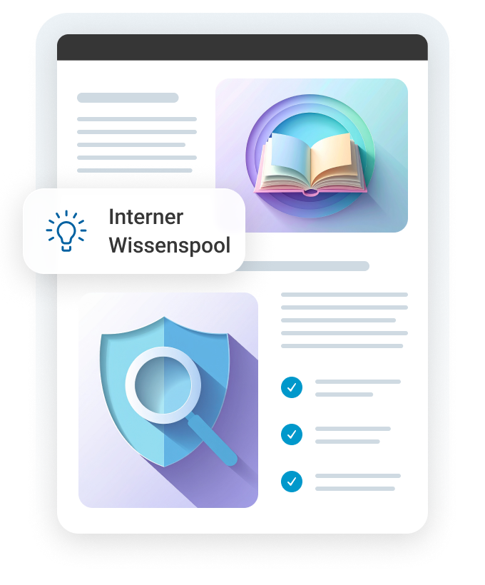Grafik eines offenen Buches in einem runden, farbigen Hintergrund mit der Beschriftung "Interner Wissenpool".