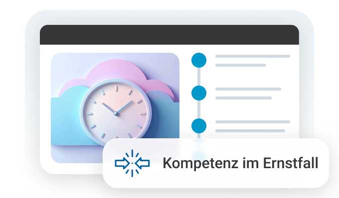 Wanduhr vor pastellfarbenen Wolken; daneben Liste mit drei Punkten und Text "Kompetenz im Ernstfall".