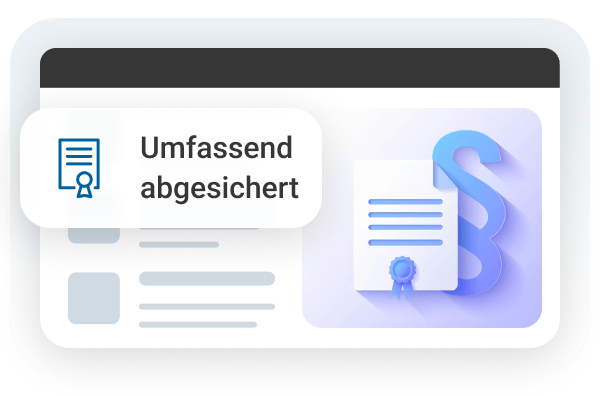 Grafik mit einem Dokument und einem Paragraphenzeichen, beschriftet mit "Umfassend abgesichert".