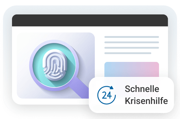 Symbol einer Fingerabdrucksuche mit dem Hinweis auf 24/7 Krisenhilfe.