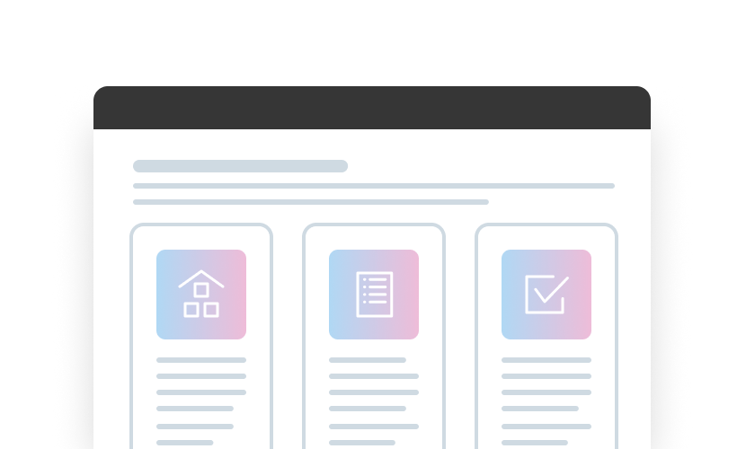 Eine Benutzeroberfl&auml;che mit drei Karten, die Symbole f&uuml;r ein Haus, eine Liste und eine Checkbox anzeigen.