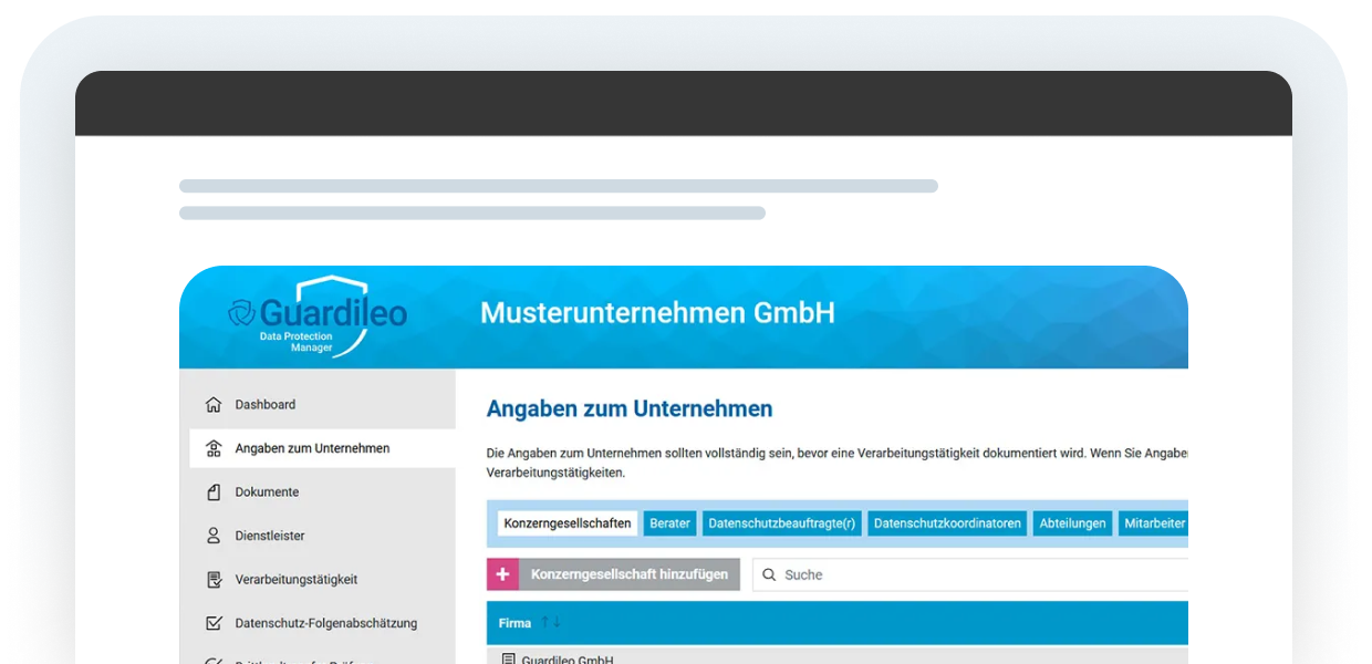 Screenshot der Benutzeroberfl&auml;che von Guardileo, zeigt Dashboard und Unternehmensangaben einer Beispielfirma.