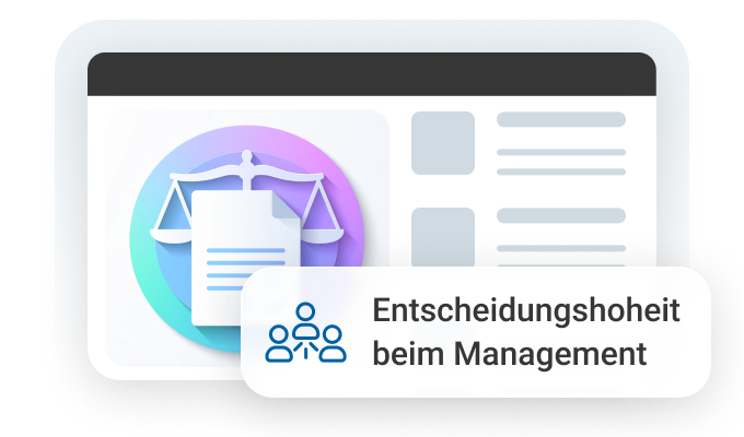 Grafik mit Waage und Dokument, betitelt "Entscheidungsf&auml;higkeit beim Management".