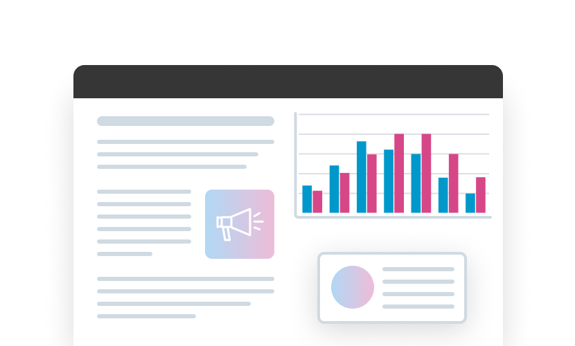 Grafik mit Text, Diagrammen und Symbolen zur Datenanalyse und Kommunikation.