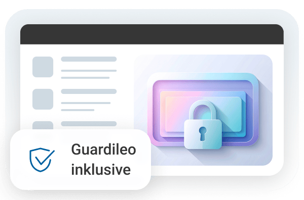 Grafik mit einem geschützten Bildschirm und einem Schloss-Symbol, begleitet von dem Text "Guardileo inklusive".