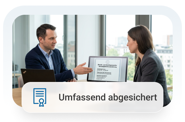 Ein Mann und eine Frau im Gespräch, mit einem Tablet, auf dem ein Dokument angezeigt wird, in einem modernen Büro.