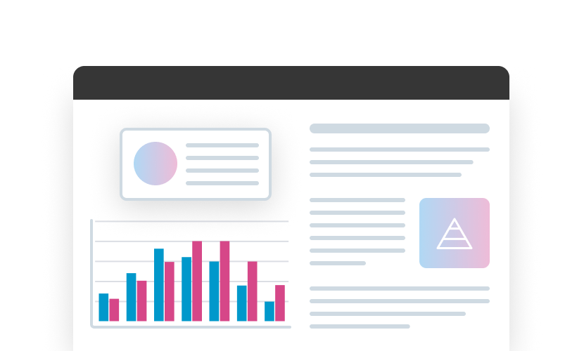 Grafik mit Balkendiagramm in Blau- und Rosat&ouml;nen, begleitet von Textfeldern und einem Piktogramm.