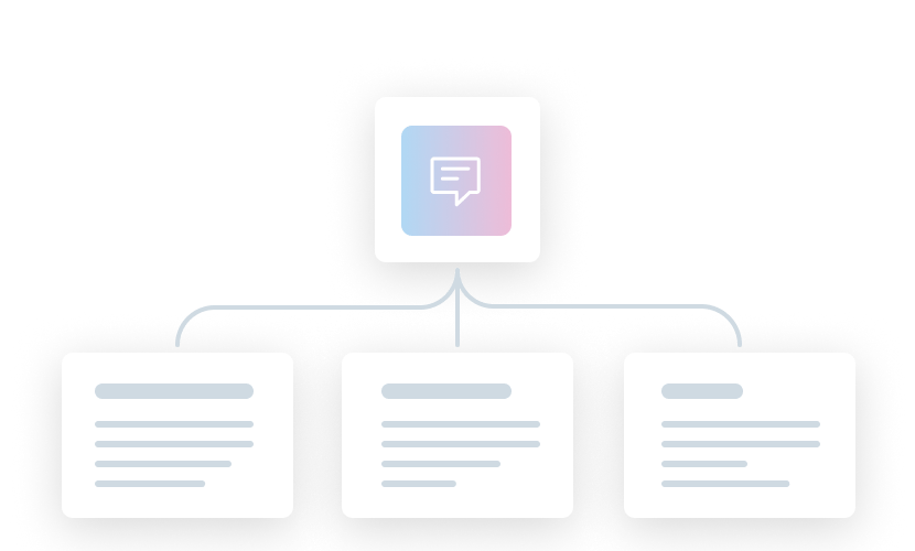 Grafik mit zentralem Kommunikationssymbol, umgeben von drei Textfeldern, die Informationen darstellen.