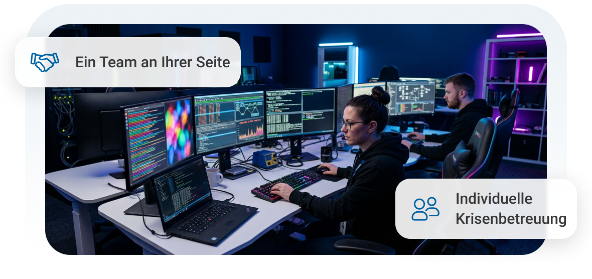 Zwei Personen arbeiten konzentriert an Computern in einem modernen, dunklen Büro mit mehreren Bildschirmen.