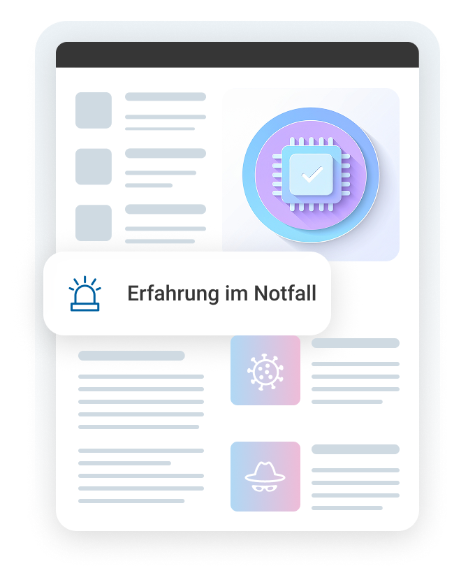 Grafik mit einem Mikrochip und dem Text "Erfahrung im Notfall" auf einem digitalen Hintergrund.