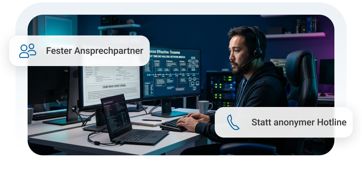 Mann mit Headset arbeitet an mehreren Bildschirmen, umgeben von moderner Technologie und Grafiken.