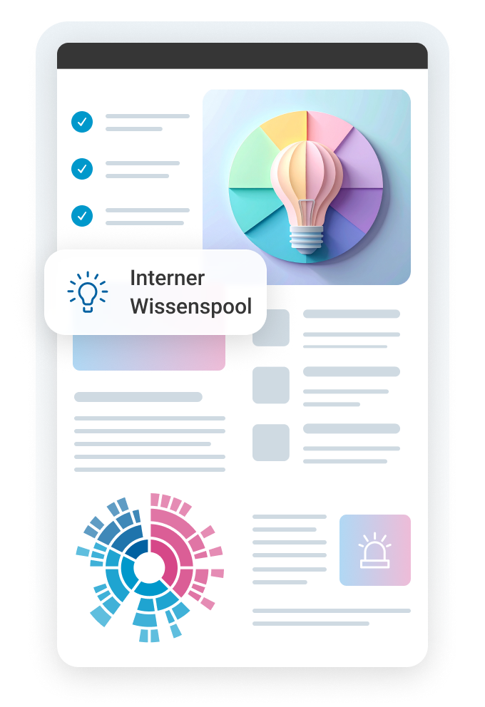 Grafik eines Gl&uuml;hbirnen-Icons auf einem bunten Hintergrund, mit dem Text "Interner Wissenspool" im Vordergrund.