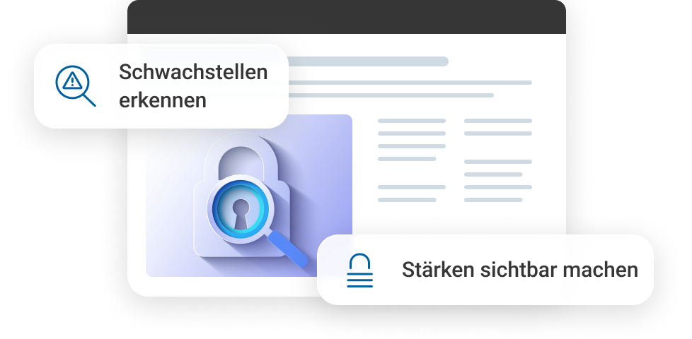 Ein Schloss-Symbol mit Lupe und Text, der auf das Erkennen von Schwachstellen und Sichtbarkeit hinweist.
